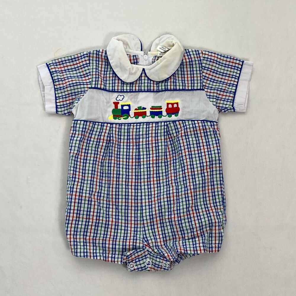Vintage Baby Togs Romper Train Seersucker 1 Pc Boy Baby 3-6 Month Cotton Blend
